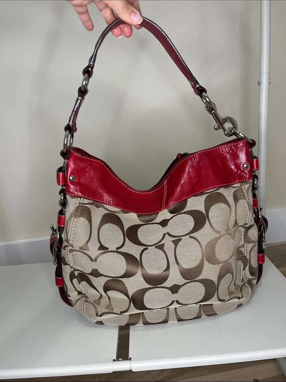 Coach Signature Canvas Hobo Bag in Red and Khaki
